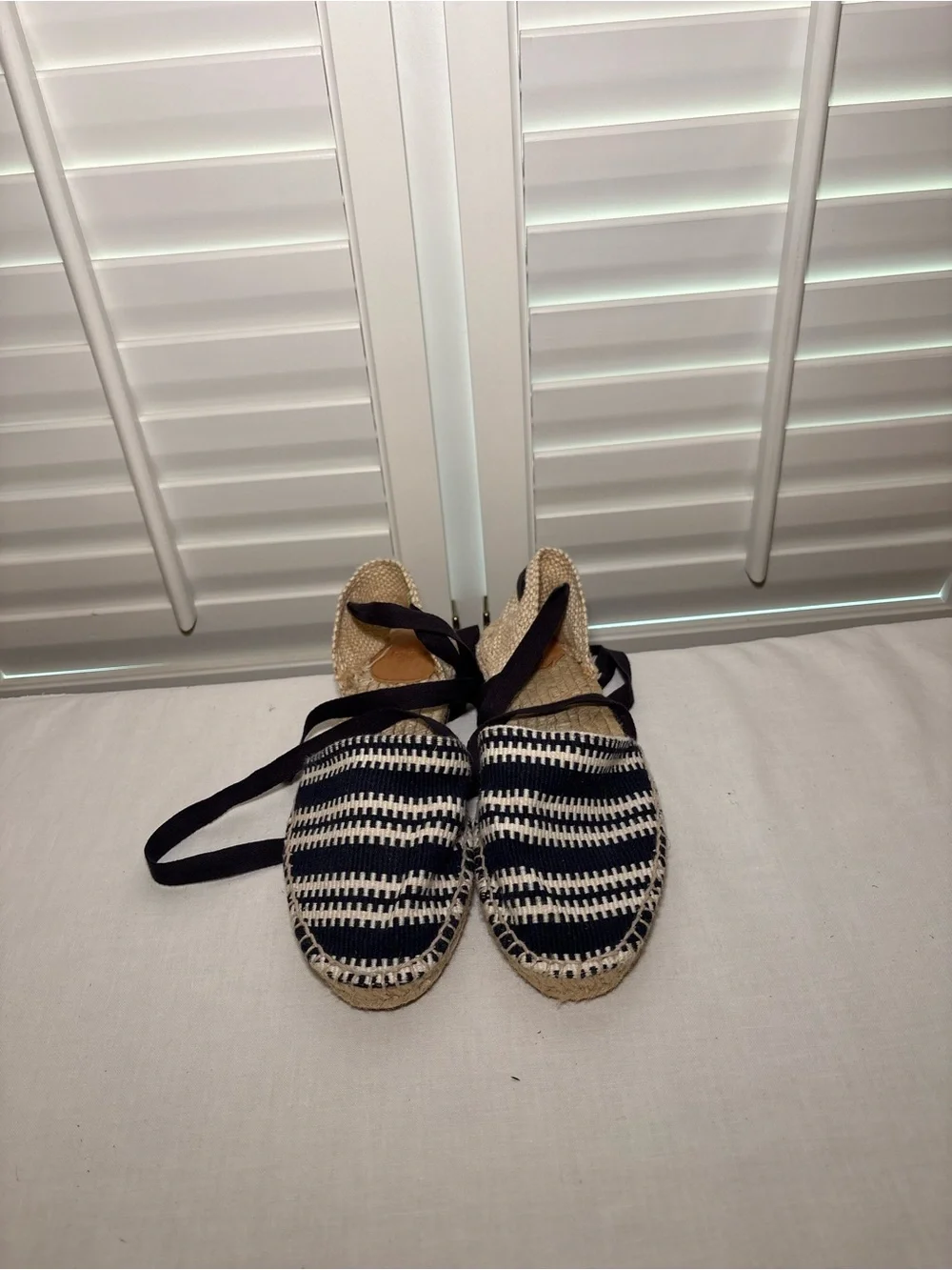 Castaner Woven Espadrille Flats with Navy Stripes and Ankle Ties